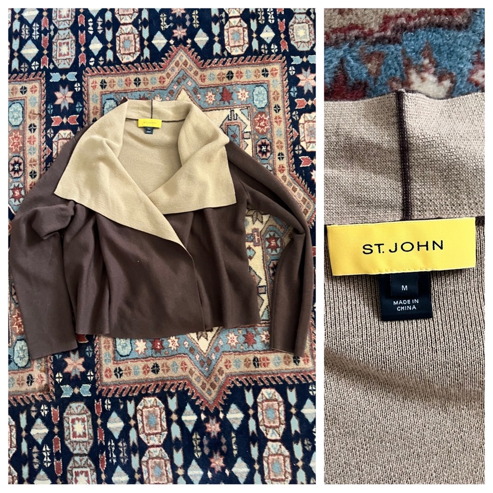 St. John wool brown two tone cardigan drape sweater layer M
